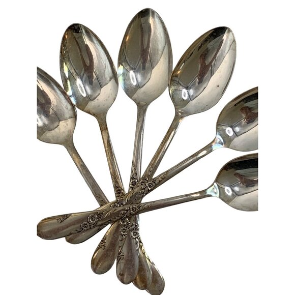 Bridal Wreath Vintage 50s Oneida Silver Plate Floral Pattern Teaspoons Set Of 6 - Picture 1 of 6